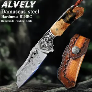 ALVELY Handmade Damascus Steel Pocket Knife. 3.5" Blade Sharp Quality Pocket Knife. With Leather Sheath, Liner Lock. Resin and Maple Wood Handle. EDC Men's Folding Knife, Adventure Daily Carry, Outdoor Camping Hunting Knife.