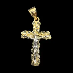 14K 2 TONE NUGGET CRUCIFIX WHITE GOLD/YELLOW GOLD 1 1/4" INCH