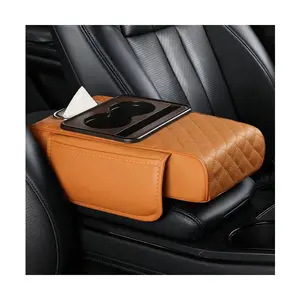 Car Armrest Cushion, 5-in-1 Leather Vehicle Centre Console Cover with 2 Storage Pockets, Cup Phone & Phone Holder, Multifunctional Auto Organiser Accessories, Universal Fit (Orange)