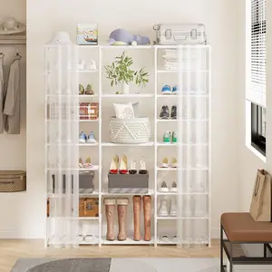 9 Tiers Large Shoe Rack Shoe Storage Shoe Organizer 50-55 Pairs Shoe Tower Metal with Curtain for Entryway,White