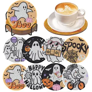 Trick Or Treat Ghost Pattern Diamond Arts Colorful Painting Coaster Kit, 8 Counts/set DIY Decorative Coaster, DIY Decorative Craft Diamond Painting Kits