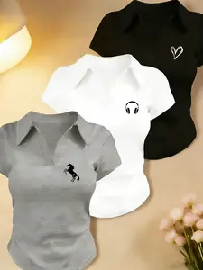 Women's Cute Pattern Print Polo Shirt, V Neck Collared Short Sleeve Top, Slim Fit Curved Hem Tee, Comfortable Soft Casual Street Style
