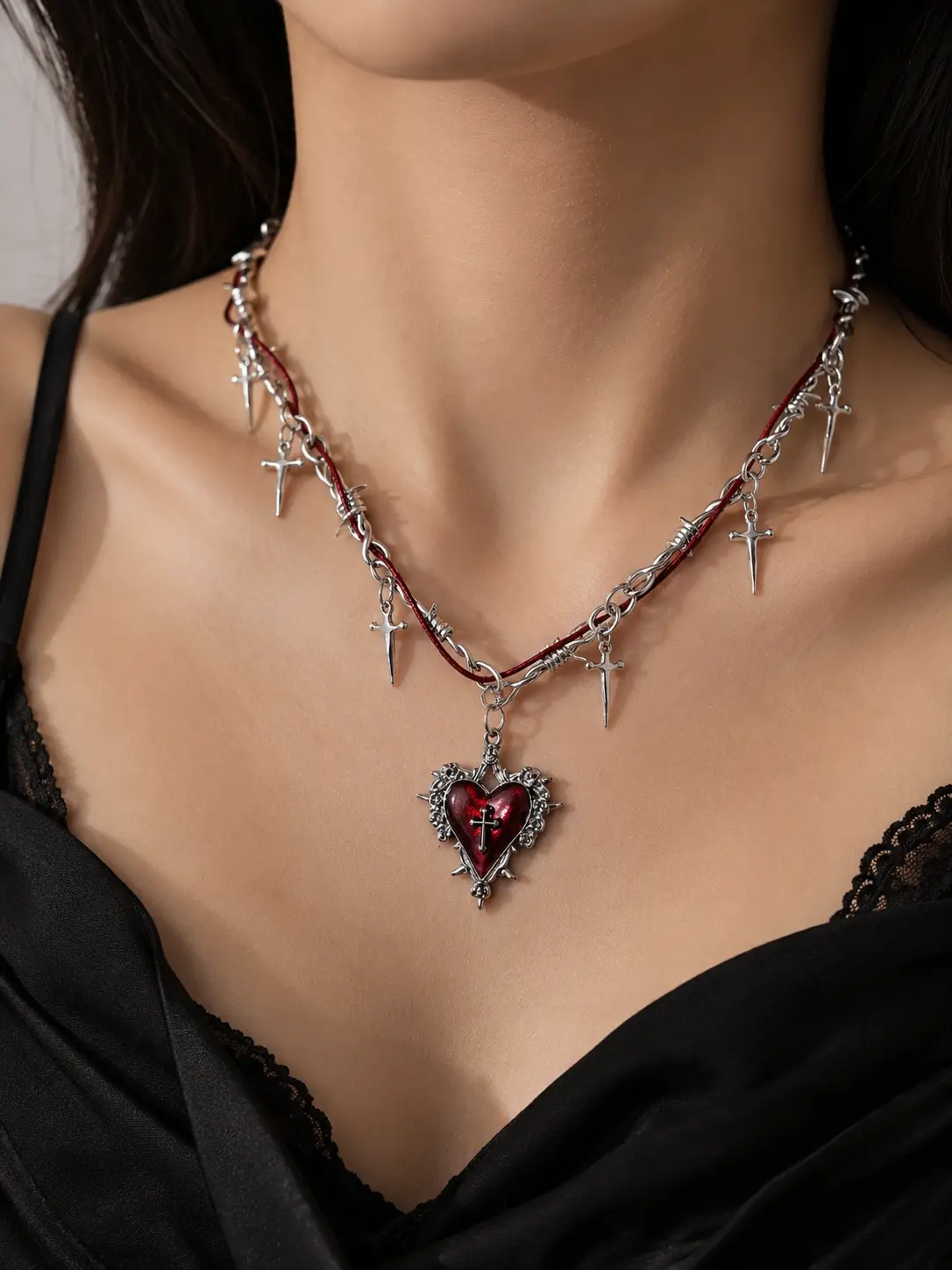 Dark Romance Gothic Heart Necklace, Thorn Heart Pendant with Red Cord Silver Chain, Alternative Statement Jewelry with Cross Charms, Goth Aesthetic Necklace, Party Wear, Adjustable, Dark Goth