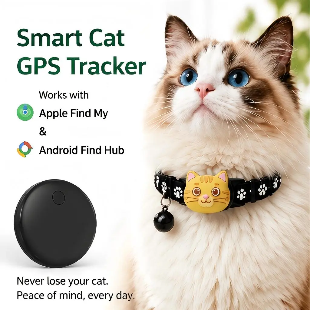 Smart Cat GPS Tracker Tag, Bluetooth Pet Tracking Collar Accessory Compatible with Apple Find My & Android Find Hub, Waterproof Mini Anti-Lost Locator for Kitten Dog