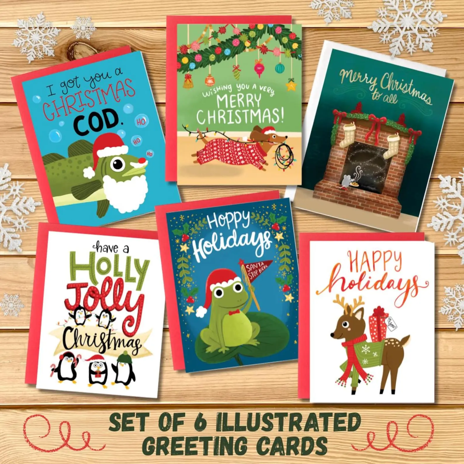 Funny Christmas Cards, Whimsical Animal Christmas Cards: Illustrated Holiday Set of 6, - TrendyGiftUSA