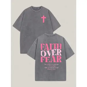 Psalm 118:6 Faith Over Fear Shirt Pink Cross Graphic Vintage Washed Christian Streetwear Church Outfit, Womens Washed T-Shirt CrewNeck Letter Pattern Print Faith Over Fear Cross Design Vintage Watercolor Style Summer Outfits