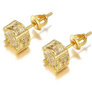 Iced Out Cubic Zirconia Screw Back 18k Gold Plated Round Stud Earrings For Men and Women Hypoallergenic Earring Micropave Hip Hop Jewelry