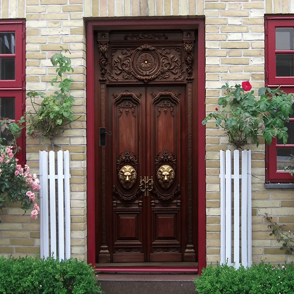 2pcs Vintage Relief European Style Wooden Door Wall Sticker Self Adhesive Removable Simulation Door Decal with Classic Patterns Lion Head Door Knocker Design for Living Room Entrance Bedroom Background