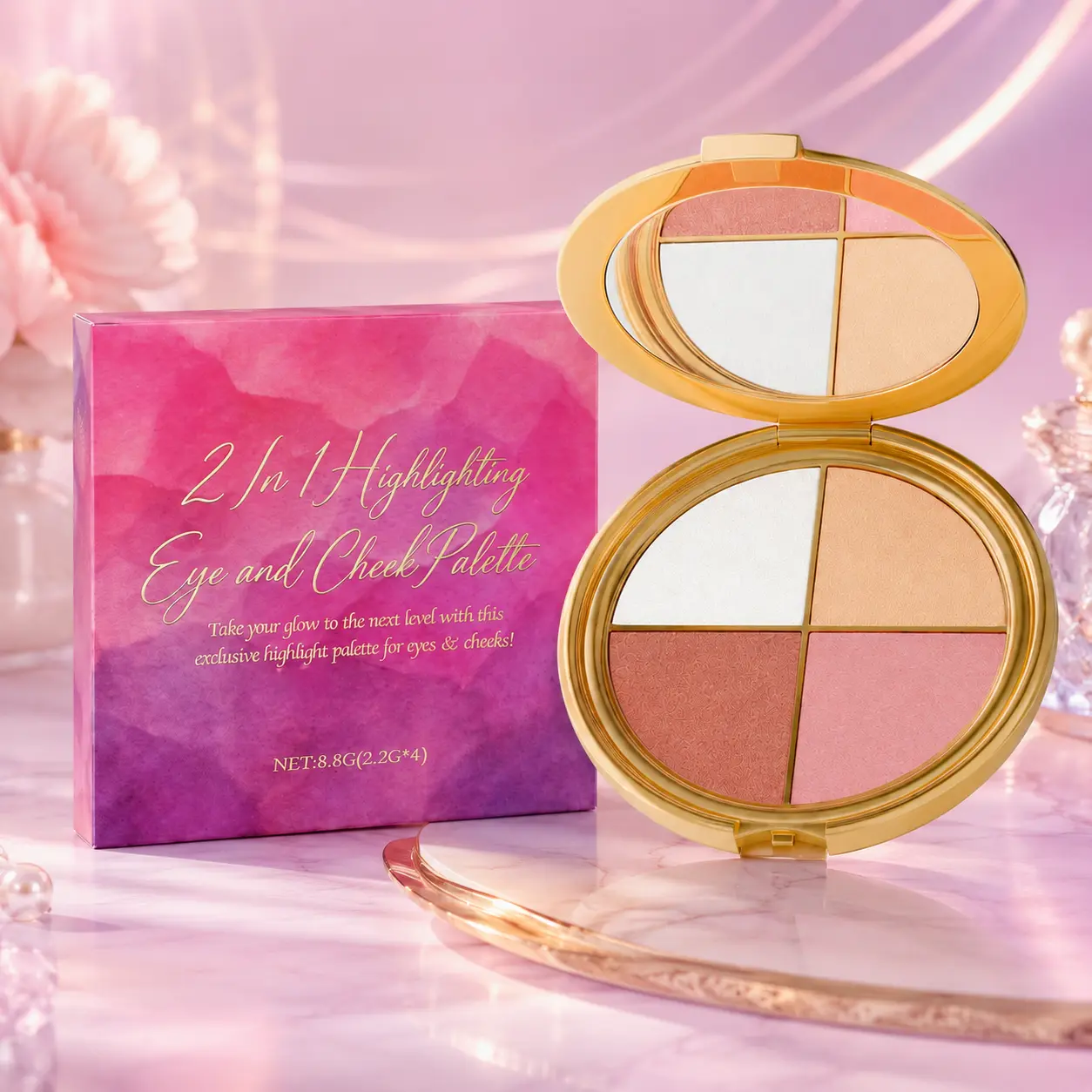 4 Colors Eye & Cheek Highlighter Palette, Ultra Blendable Shimmer Chrome Gloss Makeup Palette, Long Lasting Luminous Finish Compact Highlight Eyeshadow Palette