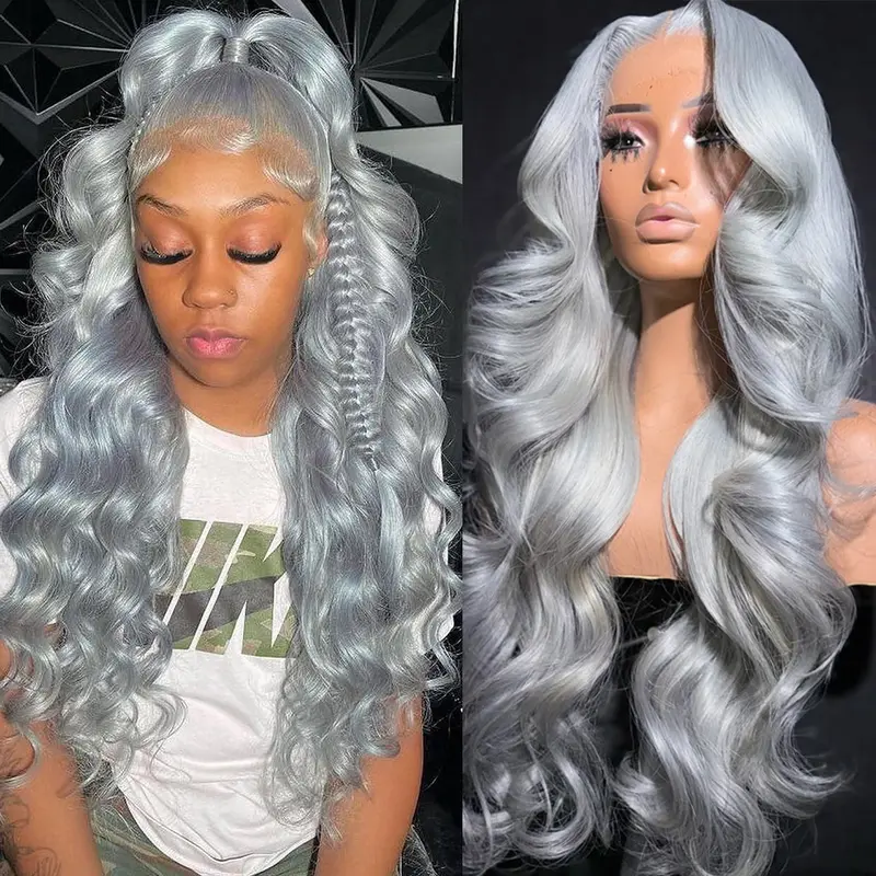 Bling Hair Silver Grey Colored Body Wave Human Hair Wig Lace Frontal 13x4 13x6 HD Lace Front Wigs Human Hair 180% Density Lace Front Wig For Women Pre Plucked