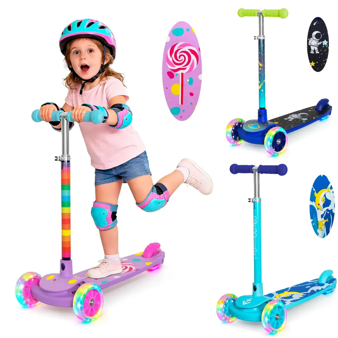 Girl's 3-Wheel Kickscooter with Light-Up Wheels, Adjustable Child-Sized Handlebar & Foldable Lean-to-Steer Design, Space Theme Print for Indoor/Outdoor Use, Ages 2-8