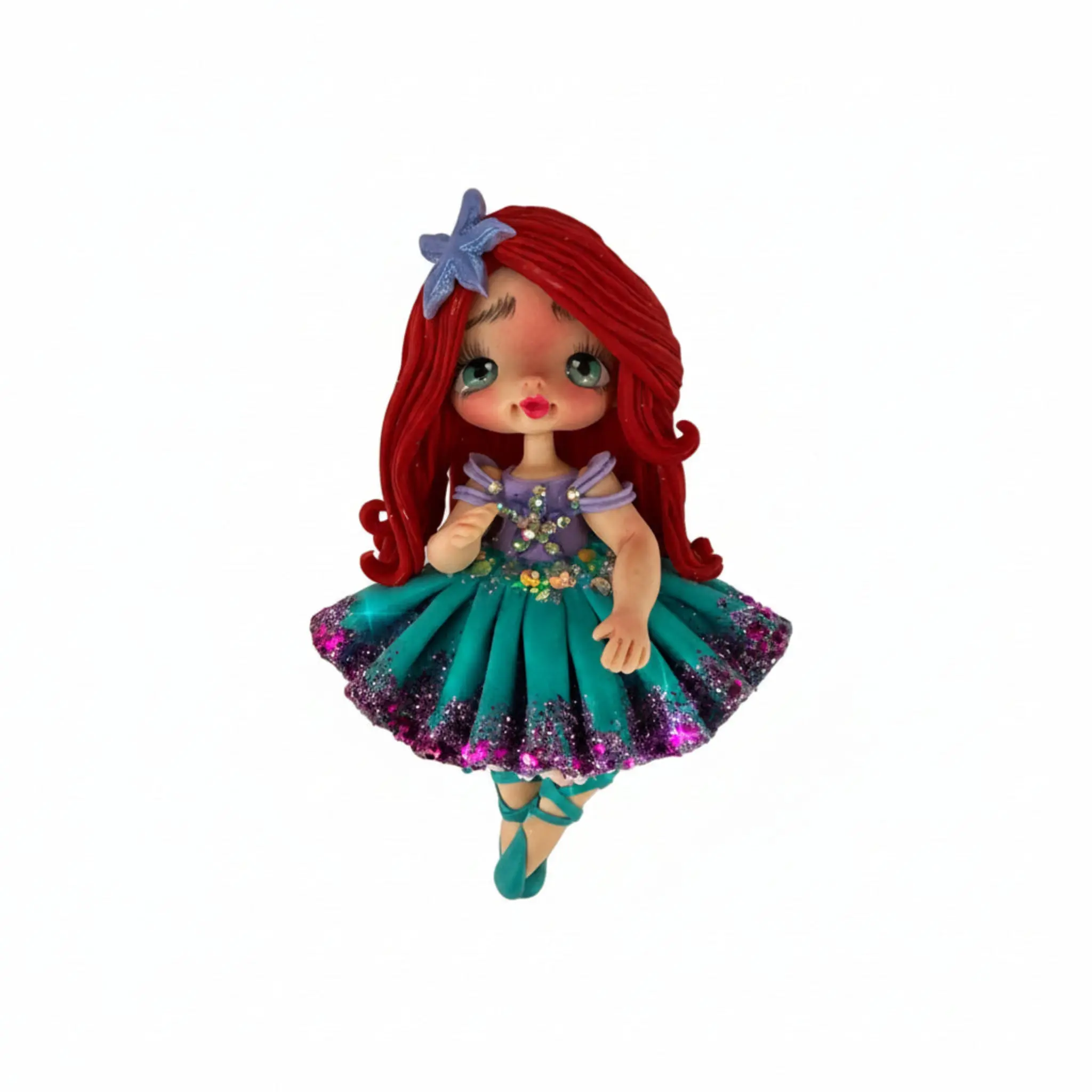 Handmade Flexible Cold Porcelain Red Hair Princess Doll – 10 cm Kawaii Flatback Craft Centerpiece