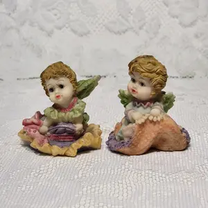 Set of 2 Vintage Rare Charming Resin Angel Figurines with Pastel Accents - Collectible Decorative Items