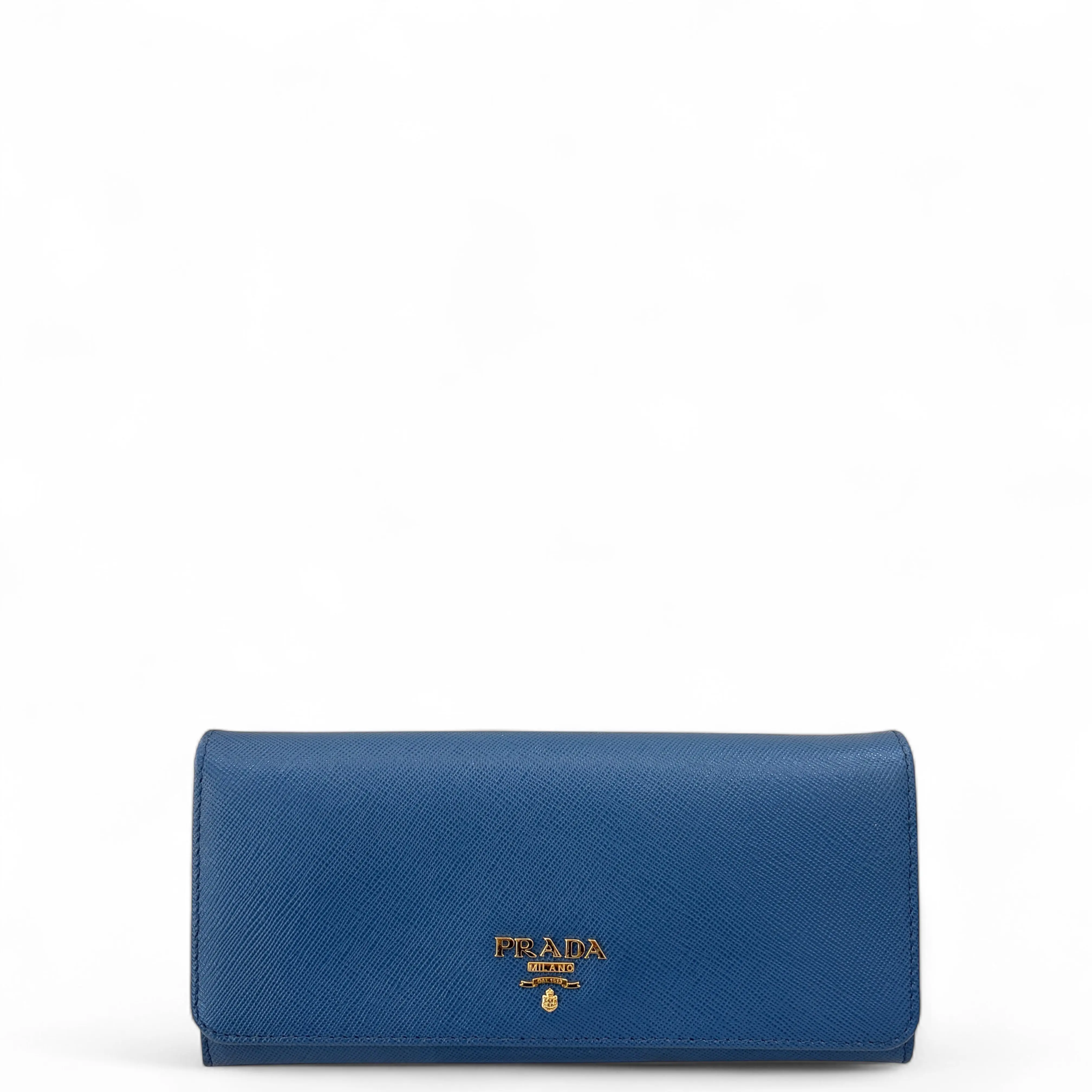Pre-owned PRADA Leather Small Leather Goods Continental Wallet Saffiano Blue (0429m4)