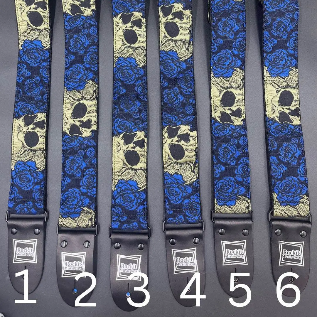 Skulls and Blue Roses Woven Guitar Strap