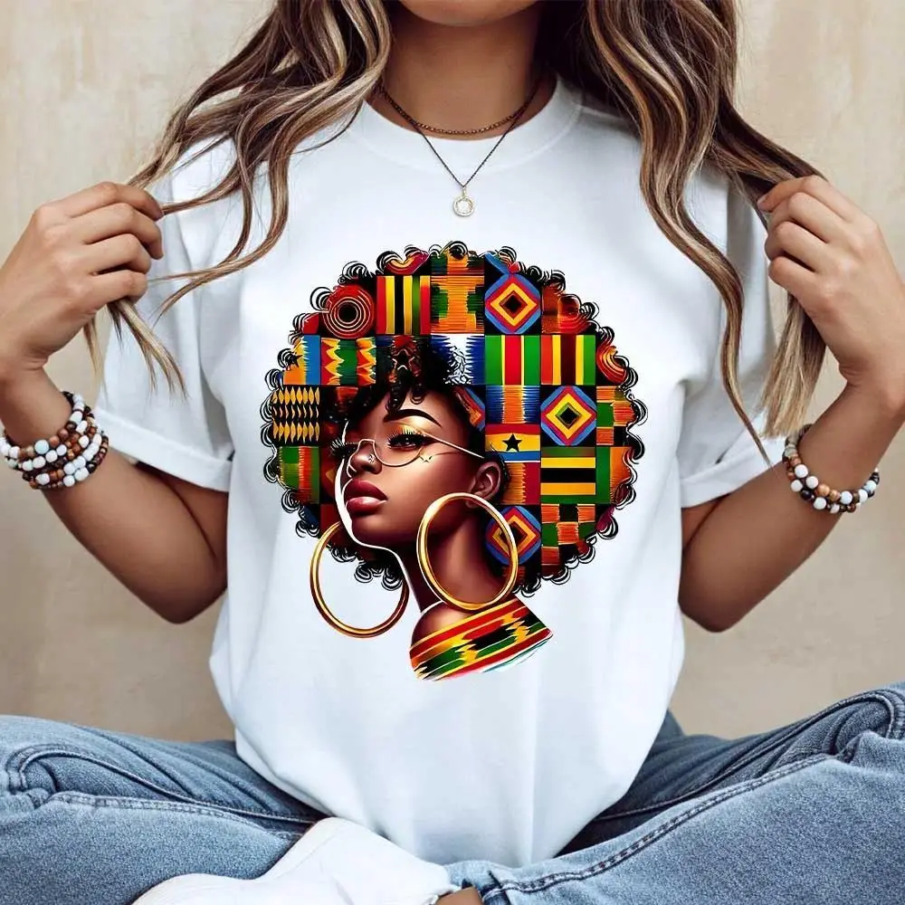 African Woman Afro Hair T-Shirt | African Print Flags & Kente Pattern Graphic Tee | Black History Month Shirt | Afrocentric Pride Gift | Casual Black Girl Magic Streetwear