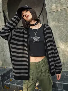 Women's Striped Print Drop Shoulder Zip Up Hooded Cardigan Without Inner Top, Punk Fashion Long Sleeve Zipper Outerwear for Casual Daily Holiday Vacation Wear, Women Knitwear for Spring & Fall, Womenswear