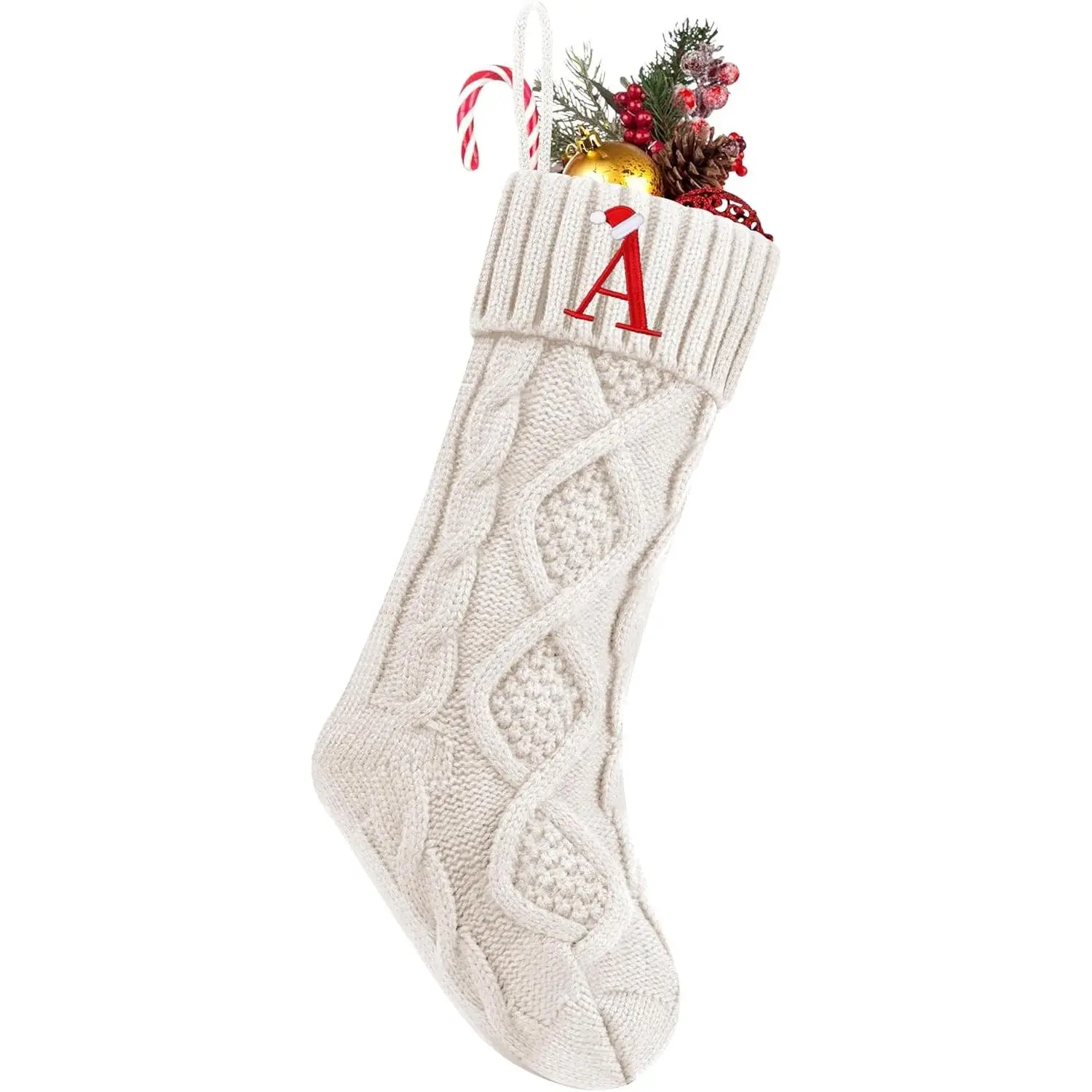 Personalized Christmas Stockings with Initials, 18 Inches Large Embroidered Monogrammed Cable Knit Christmas Stocking for Family, Xmas Holiday Party Gifts & Decoration for Fireplace(White,Letter A)