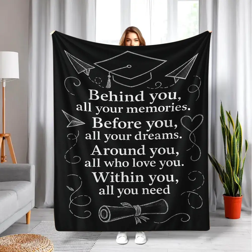 Graduation Motivational Chalk Print Throw Blanket - Solid Black Base with White Chalk Lines, Grad Cap,Diploma Paper Plane Design, Soft Flannel Fleece with Heartfelt Inspirational Slogan, Ideal Graduate Gift