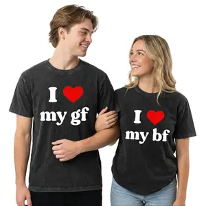 Trendy Vintage Washed "I love My BF,GF" Graphic Tee Perfect Matching Couple Shirt Cute Gift for Boyfriend/Girlfriend,suitable for Valentine's Day gifts