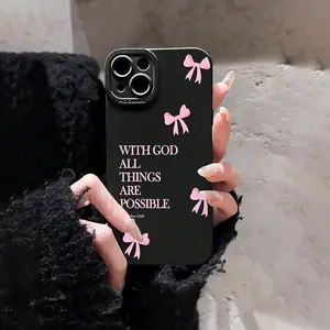 1pc Minimalist Pink Girly Bow Slogan Black Cat Eye Full Coverage Phone Soft Case, Compatible With IPhone 11/12/13/14/15/16/17Pro Max