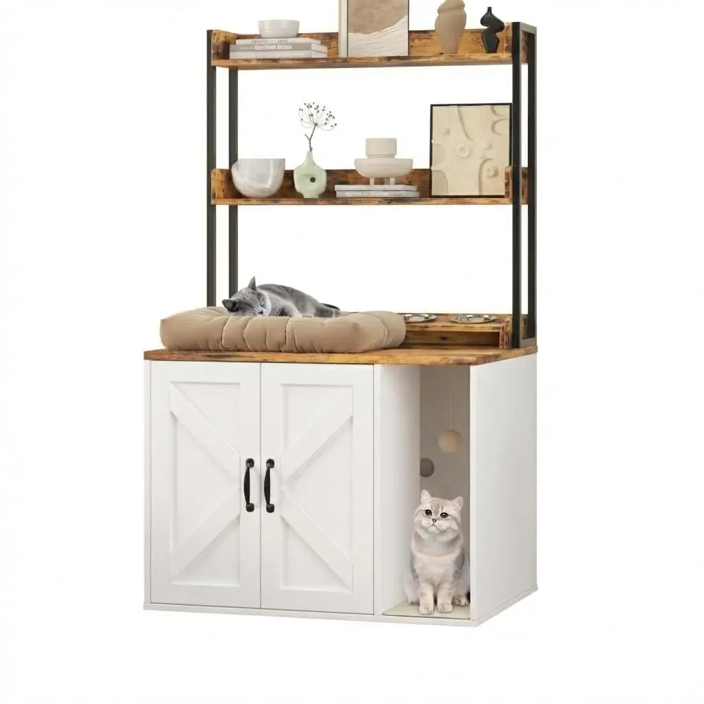 Garvee 55"H Cat Litter Box Enclosure with Hidden Litter Box, Wooden Cat House Featuring 2 Storage Shelves and Charging Sockets, Large Indoor Cabinet for Living Room or Entryway in White & Rustic Brown