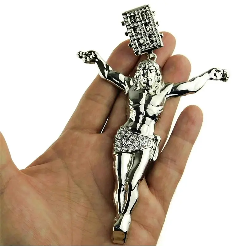 Huge Jumbo Jesus Body Pendant Iced Simulated CZ Silver Tone Crucifix Cross 4.5"