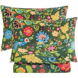 Queen Sheet Ultra,, Silky Flower Deep Pocket 100% Microfiber, 4 Queen Size with Floral Dark Green