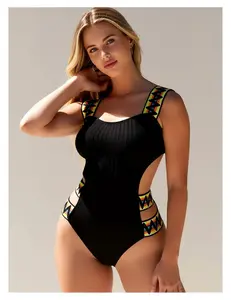 Women's One Piece Swimsuit Black Square Neck - Wide Strap Bathing Suit Geometric Print Low Back Sexy Monokini for Beach, Pool, Vacation, Summer Swimwear