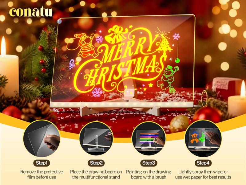 Conatu 儿童亚克力画板,亚克力干擦发光板,带支架、马克笔、湿巾、喷雾瓶和描图纸,可擦写重复使用,适合儿童学习,是生日、万圣节、圣诞节的理想礼物,也可作装饰霓虹灯。 Conatu 儿童亚克力画板,亚克力干擦发光板,带支架、马克笔、湿巾、喷雾瓶和描图纸,可擦写重复使用,适合儿童学习,是生日、万圣节、圣诞节的理想礼物,也可作装饰霓虹灯。