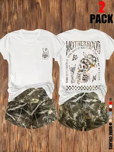 Women's Casual Short Sleeve Crop Top Set, Cartoon Skull Pattern Loose Fit, All Season Wear, 2 Piece