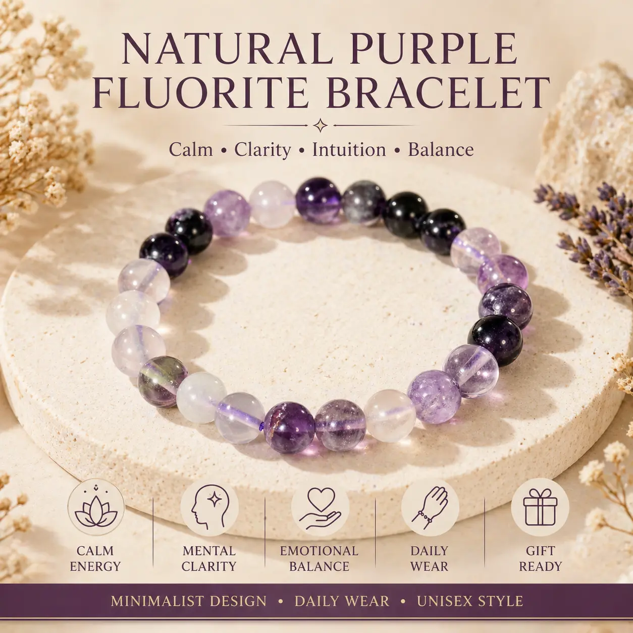 Natural Gemstone Bracelet with Purple Amethyst, Beaded Healing Stones for Spiritual Balance, Mental Clarity, and Stress Relief, Crystals And Healing Stones, Natural Stone Beads