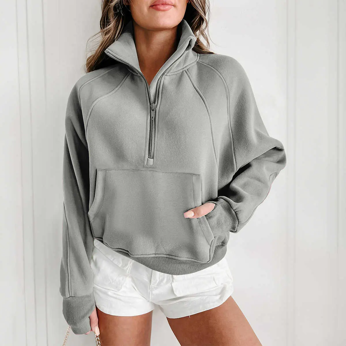 Gray Fleece Lined Zip Up Stand Collar Thumbhole Sleeve Sweatshirt