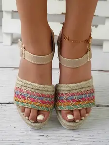 Women's Braided Rainbow Strap Platform Wedge Sandals Camel US 5-11