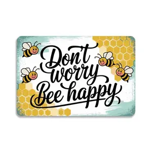 Motivational Bee Don't Worry Bee Happy Tin Sign， Vintage Cute Bee Honeycomb Metal Sign Print Aesthetic Room Decoration for Home Bedroom Kitchen Dorm Bathroom Wall Decor 8 X 12 ， Easy to Hang