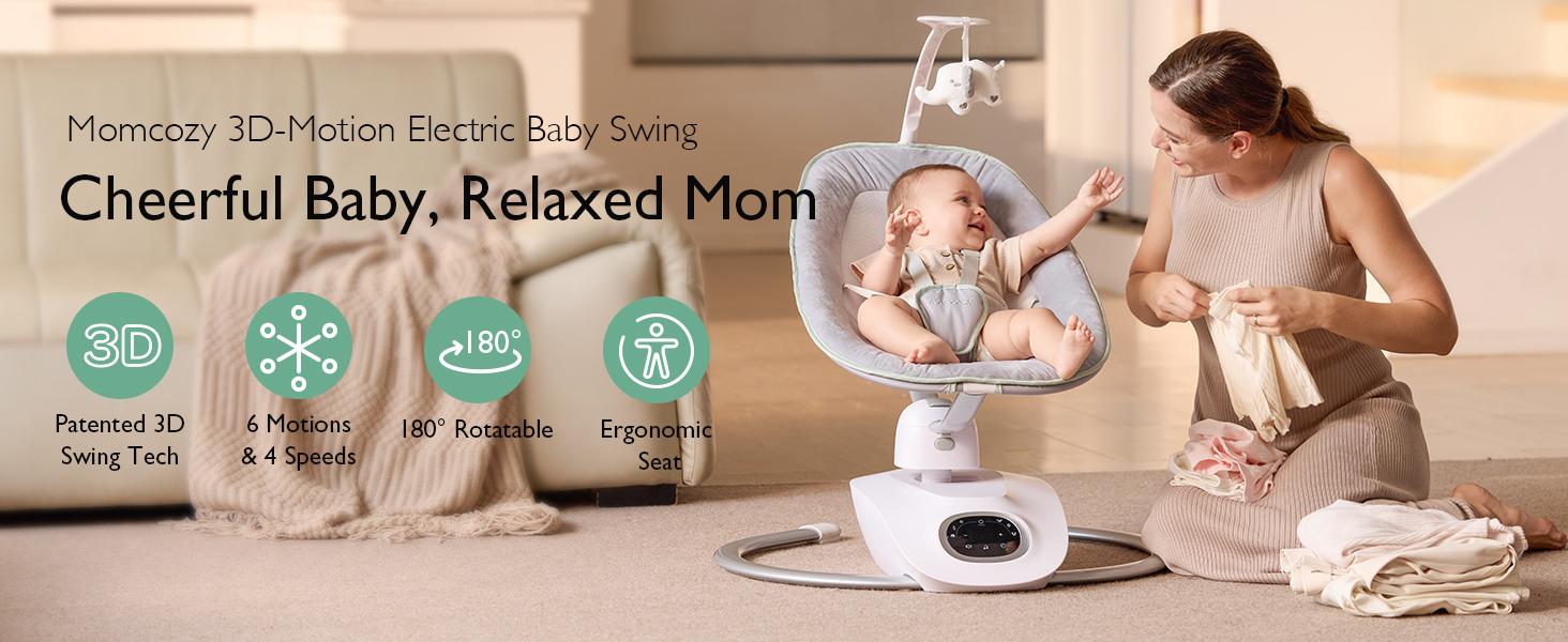 Momcozy CocoSway Baby Swing for Infants to Toddler, 3D-Motion Electric Baby Swing with 6 Motions & 4-Speeds, Remote Control, Infant Swing with 8 Preset Lullabies for Baby Boy Girl Up to 20 lbs