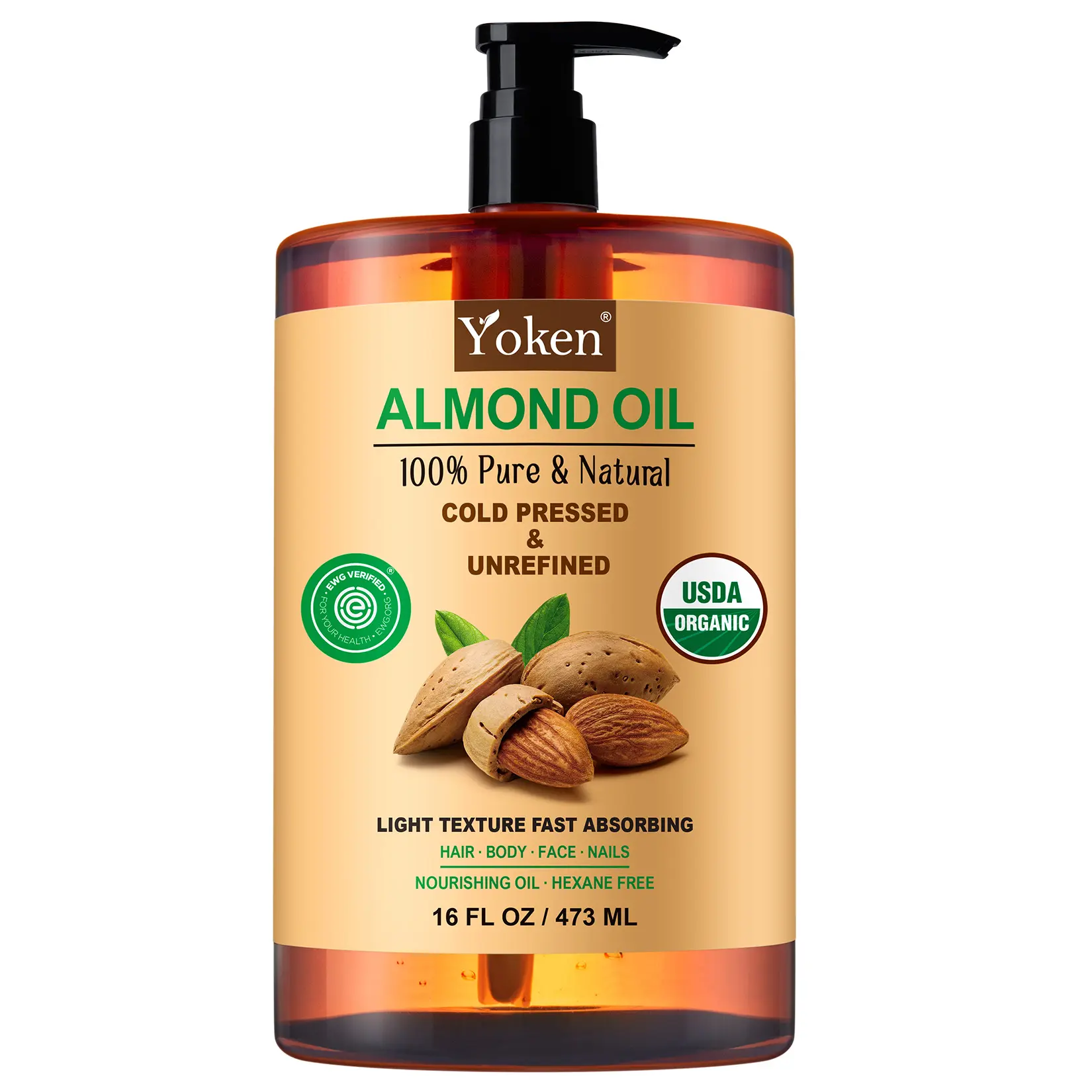 Yoken Organic Almond Oil  Cold Pressed Carrier Oil for Skin & Hair | Nourishing Almond Carrier Oil with Pump for Face Body Scalp Nails Cuticles Massage Aromatherapy and DIY Moisturizing Blends