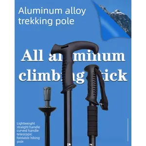 Aluminum Alloy Convenient Telescopic Staff Shock Absorber Straight Shank Cane Mountain Climbing Hiking Equipment Curved Shank Cane Self-driving Tour