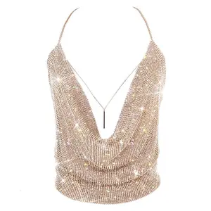 Tops For Women Sparkly Deep V Neck Crop Tank Cami Body Chain Top