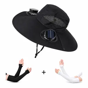 Outdoor Wide Brim Sun Hat with 2 Solar Fan Sun Bucket Hat for Men Women UPF 50+ Bucket Fishing & Beach Hat with Fan Built in Includes a pair of cooling sleeves.