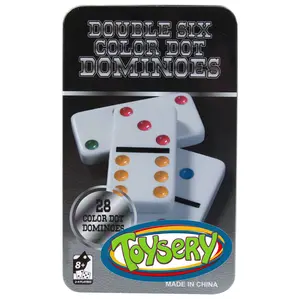 Toysery Double 6 Dominoes Set with Colored Dots. 28 Piece Set White Dominos for Kids with Tin Case