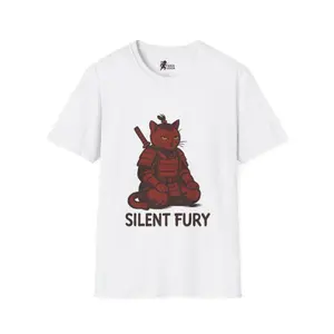 Men's Samurai cat with a warrior theme Graphic T-Shirt - Short Sleeve Crew Neck Regular Fit Casual Wear | Soft & Breathable Fabric, Durable Print, Everyday Comfort, Machine Washable, cartoon illustration with bold lines and flat colors A red cat dressed