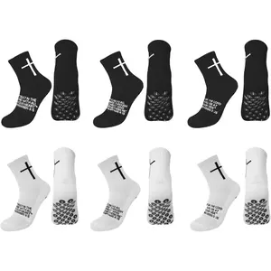 6 Pairs Youth Grip Soccer Socks with Cross - Anti-Slip Grips Kids Socks with Bible for US 5-10