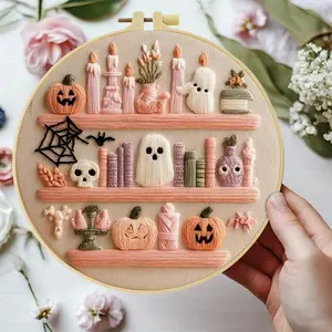 Halloween Embroidery Kit, 20x20cm DIY Set for Beginners, Includes Fabric, Thread, Needles, Perfect Gift for Home & Office Decor