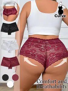 [Plus Size] Solid Lace Boyshorts, Lace Trim Panty, Breathable Comfortable for Daily Wear, Women's Fashion Comfy Underwear for All Seasons