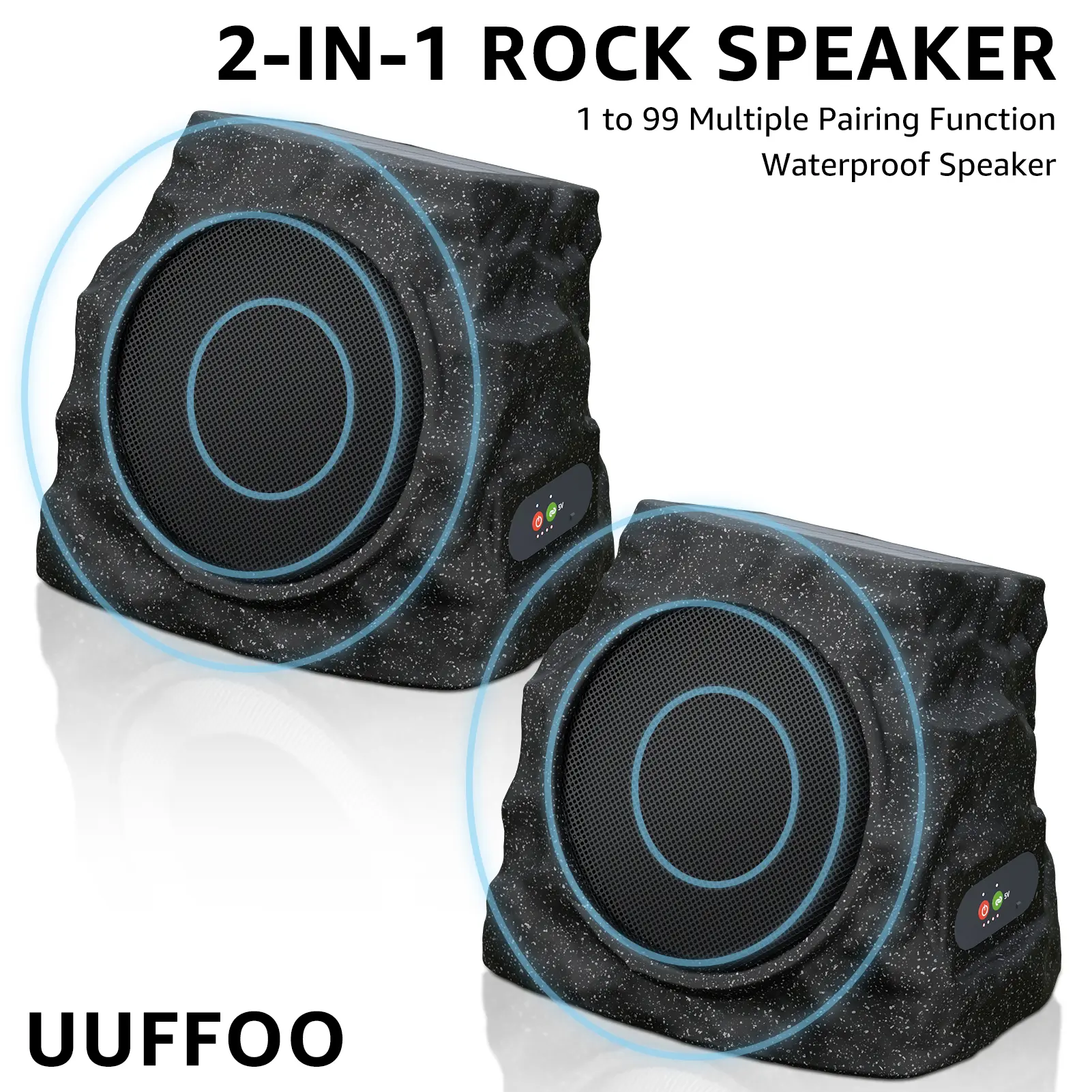 uuffoo B 2-Pack Solar-Powered Rock Speakers with Built-In Batteries & Cells, IP44 Rating Water Resistant Outdoor Speakers with RGB Lights & USB Type A Charging for Patio, Pool Party, Batteries Built-In