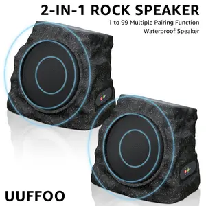 uuffoo B 2-Pack Solar-Powered Rock Speakers, IP44 Water-Resistant Outdoor Speakers with RGB Lights & USB Charging for Patio, Pool Party Audio Audio