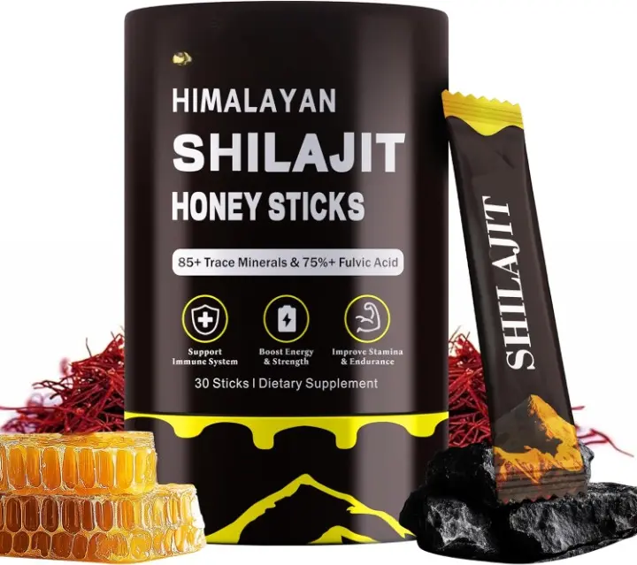Himalayan Shilajit Honey Sticks for Men & Women - 75%+ Fulvic Acid & Trace Minerals - Raw Honey, Saffron & Himalayan Shilajit Resin - 30 Sticks Pack