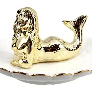 Ebros Gift Golden Resting Mermaid Ceramic Ring Accessory Jewelry Holder Vanity Display Figurine
