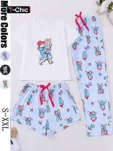 3-Piece Casual Women Pjs Pajama Set with Padding Bear Print, Short Sleeve Button-Up Top and Loose Shorts and Long Pants, Stylish Comfortable Sleepwear & Loungewear for Everyday and Holiday